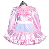 Fondcosplay Lockable Sissy Maid Satin Long Sleeve Dress Light Pink Crossdressing Costume [G3957]