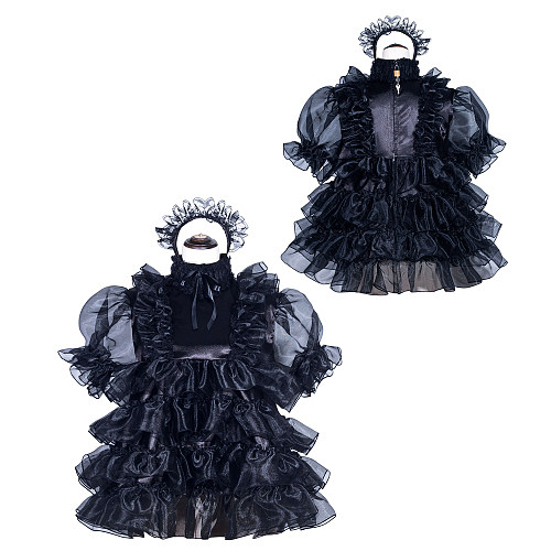 Fondcosplay Lockable Black Satin and Organza Sissy Maid Dress [G3968]