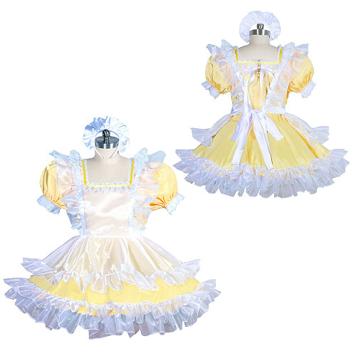 Fondcosplay Yellow Satin and Organza Lockable Sissy Maid Dress with White Lace [G3916]