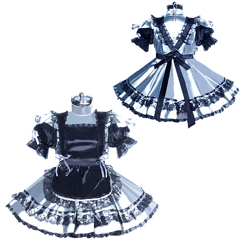 Fondcosplay Lockable Sissy Maid Satin Dress Black and Silver Crossdressing Costume [G3932]