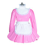 Fondcosplay Lockable Sissy Maid Thin PVC Dress Pink with White Apron Crossdressing Costume [G3959]