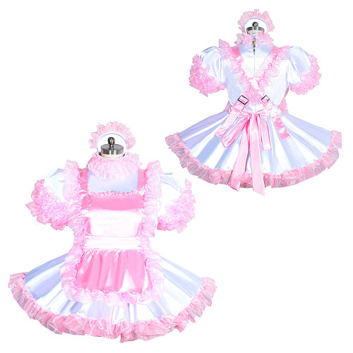 Fondcosplay Lockable Sissy Maid Satin Dress White with Pink Ruffles Crossdressing Costume [G3961]