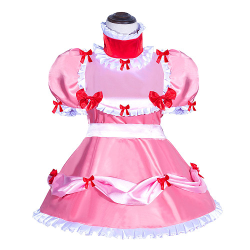 Fondcosplay Handmade Lockable Sissy Maid Dress Pink Satin with Red Bows Crossdressing Outfit [G3998]