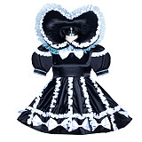 Fondcosplay Lockable Sissy Maid Satin Dress Black with White Bows Crossdressing Costume with Attached Panty [G3937]