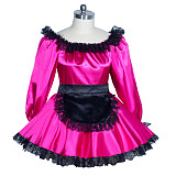 Fondcosplay Sissy Maid Satin Dress Hot Pink with Black Lace Crossdressing Costume [G3962]