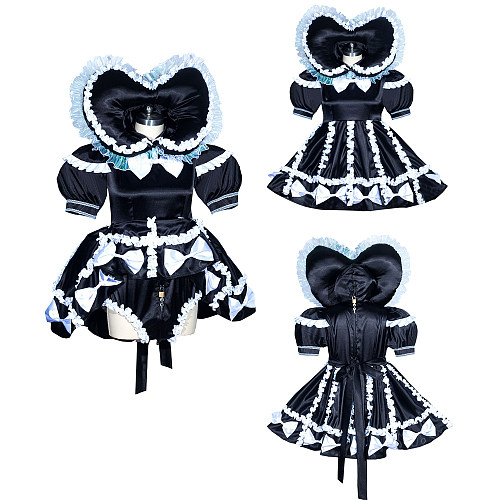 Fondcosplay Lockable Sissy Maid Satin Dress Black with White Bows Crossdressing Costume with Attached Panty [G3937]