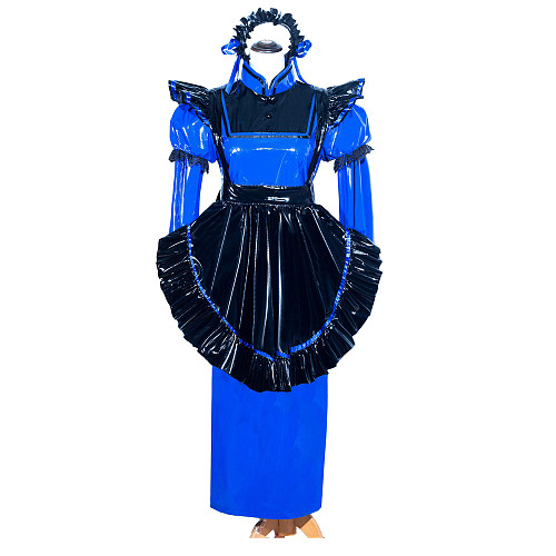 Fondcosplay Handmade Lockable Sissy Maid Dress Blue Black Thin PVC Crossdressing Outfit [G3987]