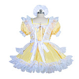 Fondcosplay Yellow Satin and Organza Lockable Sissy Maid Dress with White Lace [G3916]