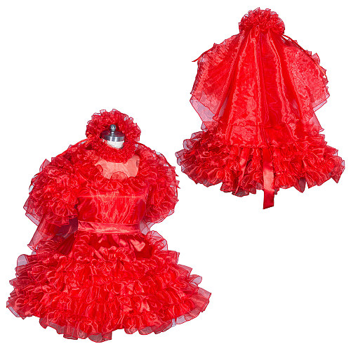 Fondcosplay Lockable Sissy Maid Satin and Organza Dress Red Crossdressing Costume with Veil [G3939]