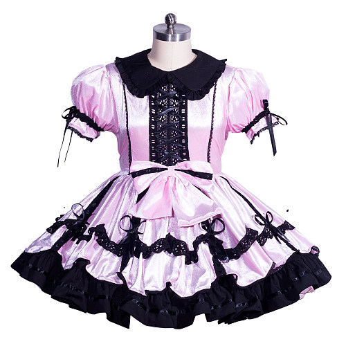 Fondcosplay Lockable Sissy Maid Velvet Dress Light Pink with Black Lace Crossdressing Costume [G3965]