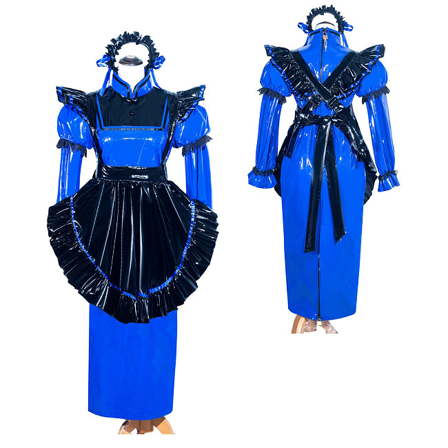 Fondcosplay Handmade Lockable Sissy Maid Dress Blue Black Thin PVC Crossdressing Outfit [G3987]