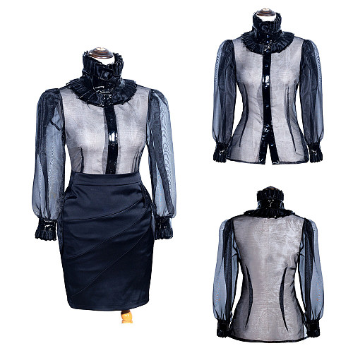 Fondcosplay Handmade Sissy Maid Blouse and Skirt Set Black Organza Satin Crossdressing Outfit [G4005]