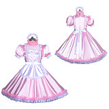 Fondcosplay Lockable Sissy Maid Satin Long Dress Light Pink with White Apron Crossdressing Costume [G3945]