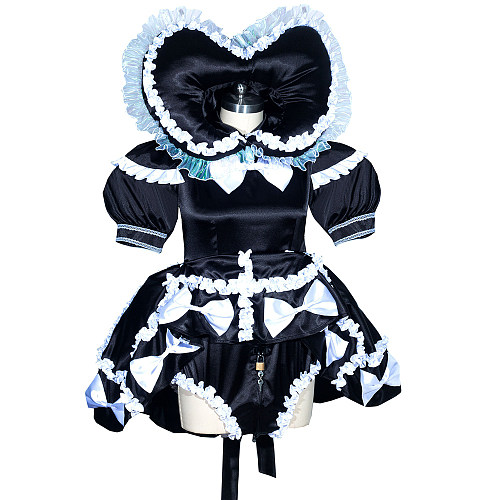 Fondcosplay Lockable Sissy Maid Satin Dress Black with White Bows Crossdressing Costume with Attached Panty [G3937]