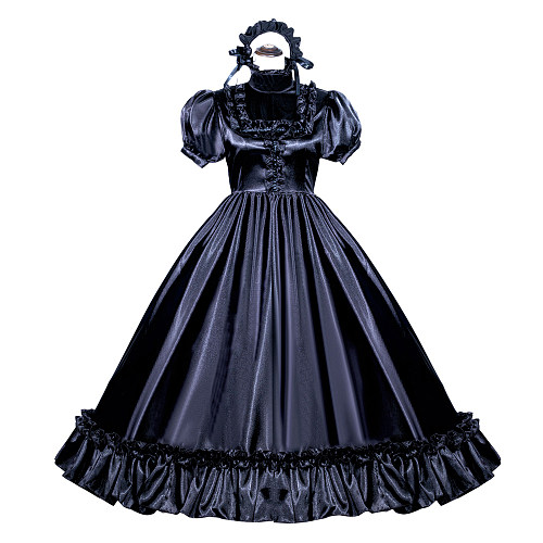 Fondcosplay Handmade Lockable Sissy Maid Dress Black Satin Crossdressing Outfit [G3988]