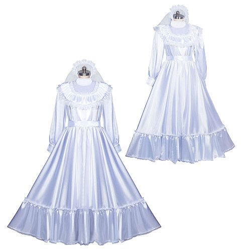 Fondcosplay Satin Maid Long Sleeve White Bridal Wedding Dress with Veil [G3972]