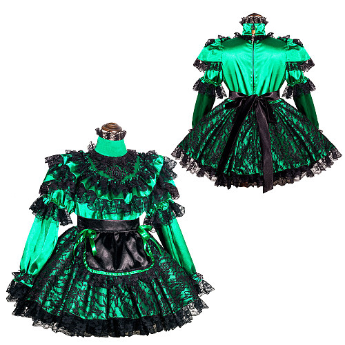 Fondcosplay Handmade Lockable Sissy Maid Dress Green Black Satin with Lace Crossdressing Outfit [G4002]
