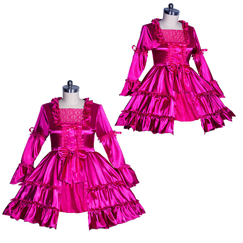Fondcosplay Lockable Sissy Maid Satin Long Sleeve Dress Hot Pink Crossdressing Costume [G3941]