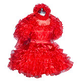 Fondcosplay Lockable Sissy Maid Satin and Organza Dress Red Crossdressing Costume with Veil [G3939]
