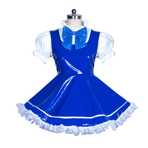 Fondcosplay Lockable Sissy Maid Dress Royal Blue & White Heavy PVC Crossdressing Outfit [G3907]