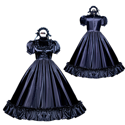 Fondcosplay Handmade Lockable Sissy Maid Dress Black Satin Crossdressing Outfit [G3988]