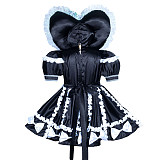 Fondcosplay Lockable Sissy Maid Satin Dress Black with White Bows Crossdressing Costume with Attached Panty [G3937]