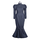 Fondcosplay Lockable Sissy Maid Woolen Long Dress Dark Gray Crossdressing Costume [G3934]