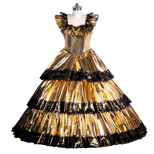 Fondcosplay Lockable Sissy Maid Thin PVC Long Dress Gold with Black Lace Crossdressing Costume [G3946]