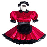 Fondcosplay Handmade Lockable Sissy Maid Dress Red Black Satin Crossdressing Outfit [G4000]