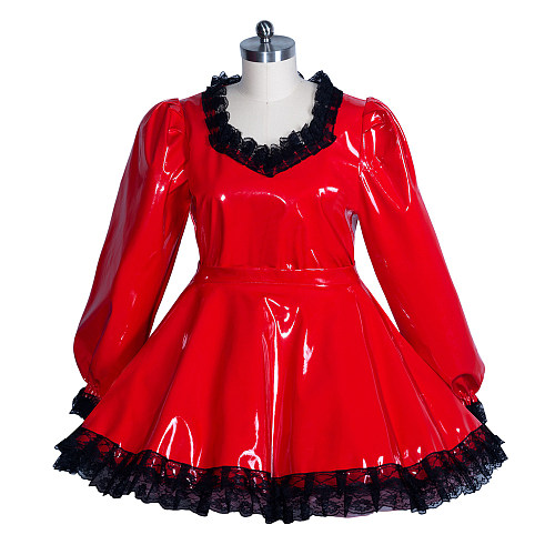 Fondcosplay Heavy PVC Lockable Red Sissy Maid Dress with Black Lace [G3926]