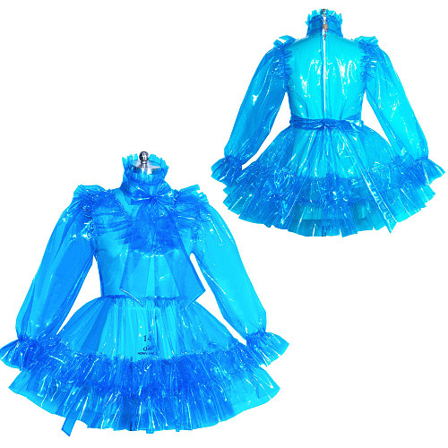 Fondcosplay Lockable Sissy Maid Clear PVC Dress Transparent Blue Crossdressing Costume [G3952]