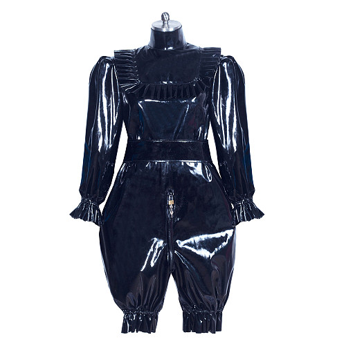 Fondcosplay Lockable Black Thin PVC Sissy Maid Romper Crossdressing Outfit [G3914]
