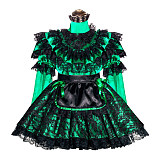 Fondcosplay Handmade Lockable Sissy Maid Dress Green Black Satin with Lace Crossdressing Outfit [G4002]