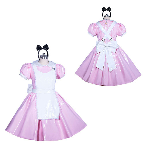 Fondcosplay Lockable Sissy Maid Dress Pink & White Heavy PVC Crossdressing Outfit [G3912]