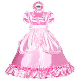 Fondcosplay Handmade Lockable Sissy Maid Dress Pink Satin Crossdressing Outfit [G3990]