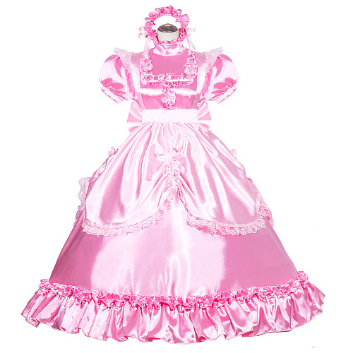 Fondcosplay Handmade Lockable Sissy Maid Dress Pink Satin Crossdressing Outfit [G3990]