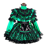 Fondcosplay Handmade Lockable Sissy Maid Dress Green Black Satin with Lace Crossdressing Outfit [G4002]