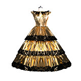 Fondcosplay Lockable Sissy Maid Thin PVC Long Dress Gold with Black Lace Crossdressing Costume [G3946]