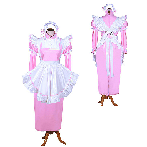 Fondcosplay Thin PVC Pink Long Maid Cosplay Dress with White Apron (Lockable) [G3981]