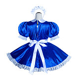 Fondcosplay Handmade Lockable Sissy Maid Dress Blue White Satin Crossdressing Outfit [G4001]
