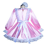 Fondcosplay Lockable Sissy Maid Satin Dress Light Pink Crossdressing Costume with Apron [G3931]