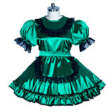 Fondcosplay Lockable Sissy Maid Satin Dress Emerald Green with Black Lace Crossdressing Costume [G3956]