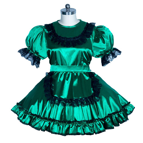 Fondcosplay Lockable Sissy Maid Satin Dress Emerald Green with Black Lace Crossdressing Costume [G3956]