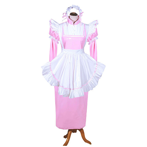 Fondcosplay Thin PVC Pink Long Maid Cosplay Dress with White Apron (Lockable) [G3981]