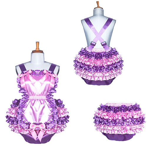 Fondcosplay Sissy Maid Ruffled Satin Romper Pink & Purple Crossdressing Outfit [G3905]