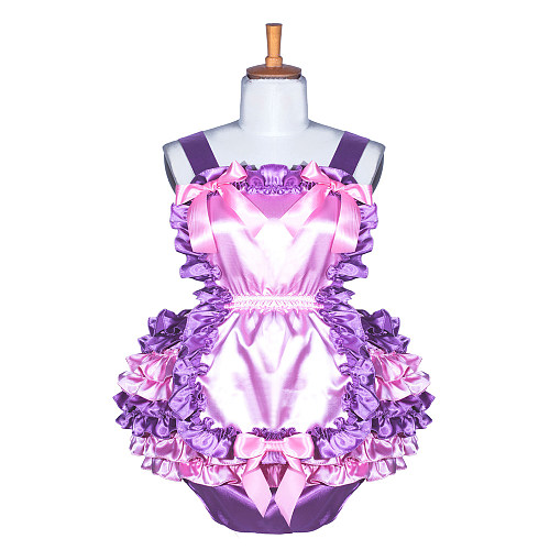 Fondcosplay Sissy Maid Ruffled Satin Romper Pink & Purple Crossdressing Outfit [G3905]