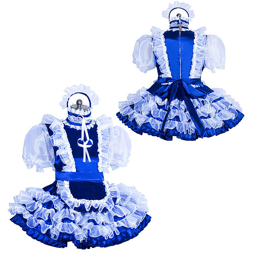 Fondcosplay Lockable Sissy Maid Satin and Organza Dress Royal Blue with White Ruffles Crossdressing Costume [G3958]
