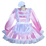 Fondcosplay Lockable Sissy Maid Satin Dress Light Pink Crossdressing Costume with Apron [G3931]