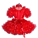 Fondcosplay Lockable Sissy Maid Satin and Organza Dress Red Crossdressing Costume with Veil [G3939]