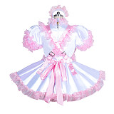 Fondcosplay Lockable Sissy Maid Satin Dress White with Pink Ruffles Crossdressing Costume [G3961]